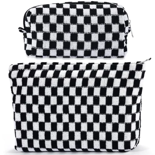 ZLFSRQ Bolsa de maquillaje a cuadros para mujer, grande y pequeña, juego de bolsa de cosméticos a cuadros, bolsas de aseo de viaje, bolsa de