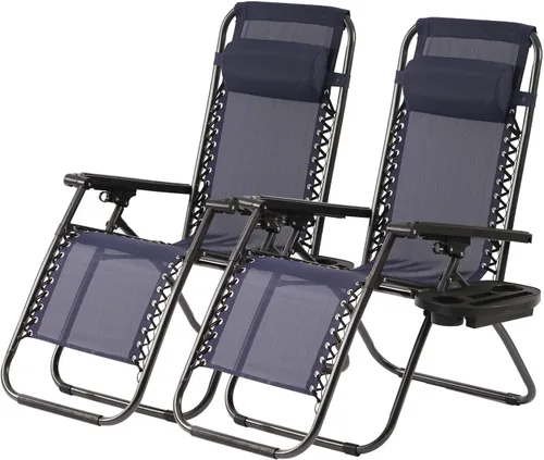 Miniatura 10 de PayLessHere Juego de 2 sillas de descanso ajustables de gravedad cero, silla de playa plegable con almohada extraíble y soporte para tazas