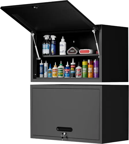 Miniatura 10 de Armario de almacenamiento de metal para garaje con ruedas, gabinete rodante con cerradura para herramientas con cajón y estantes, gabinete móvil