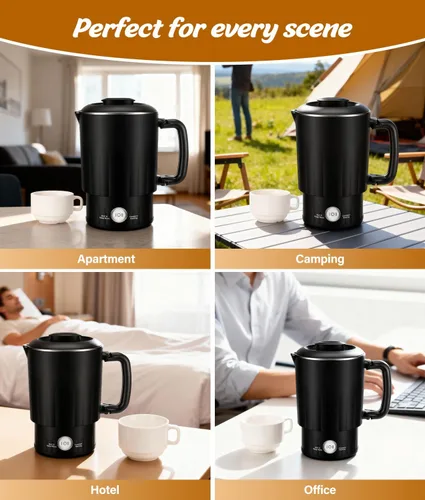 Miniatura 8 de Hervidor eléctrico portátil de viaje, hervidor de agua pequeño de 20.3 fl oz con taza de cerámica, caldera de agua de acero inoxidable 304 con doble