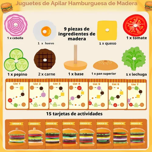 Miniatura 2 de Jumlys Montessori Juguetes de Madera Apilables de Hamburguesa para Niños de 2, 3, 4, 5 Años, Juguetes de Motricidad Fina para Niños y Niñas