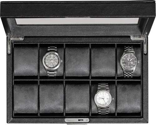 ROTHWELL Caja de reloj de cuero con 10 ranuras, organizador de joyas de lujo, soporte para reloj con tapa de cristal grande, organizador de caja de
