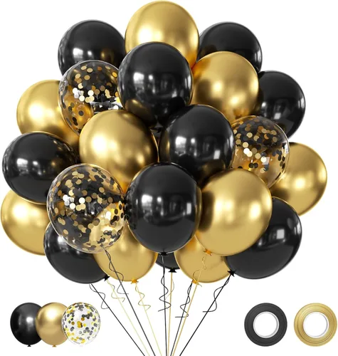 Globos negros y dorados, 50 globos de confeti negro y dorado de 12 pulgadas, decoraciones de fiesta para cumpleaños, graduación, Año Nuevo, boda,