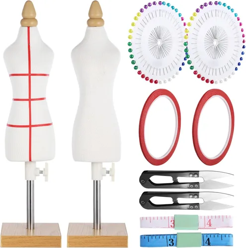 Juego de 10 maniquíes de modista a sastre con agujas, parches de costura, cintas medidoras, forma de vestido de muñeca, tamaño 1/4, maniquí de