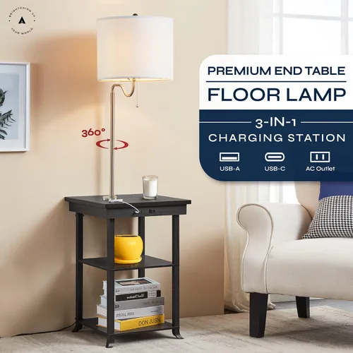 Miniatura 2 de ATAMIN Mesa auxiliar con lámpara y estación de carga - Mesa auxiliar con USB-C, USB y luz incorporada - Moderna mesita de noche con cadena