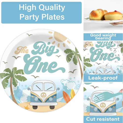 Miniatura 3 de 200 piezas Platos y Servilletas de Fiesta de Verano de Playa The Big One para Niño Surfeando Primer Cumpleaños, Juego de Vajilla Hawaiana