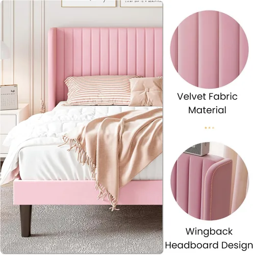 Miniatura 8 de SHA CERLIN Base de cama de terciopelo de tamaño matrimonial con cabecera capitoné de canal vertical, plataforma tapizada con listones de madera,