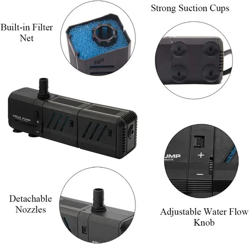 Miniatura 3 de MQ Bomba de agua sumergible de 400 GPH (1500 L/H, 15 W) con filtros y boquillas de agua, ultra silenciosa para acuario, pecera, estanque, fuente