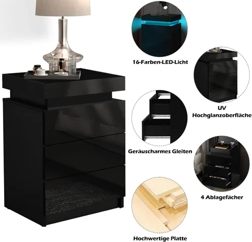Miniatura 7 de TUKAILAi Mesita de noche con luz LED, moderna mesita de noche negra con tapa abatible, mesita de noche pequeña con 3 cajones de madera, mesa