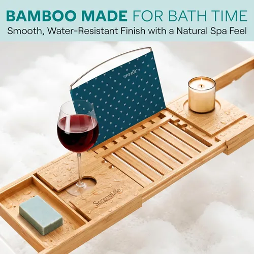 Miniatura 4 de SereneLife SLBCAD20 - Bandeja de bambú de lujo para bañera, organizador ajustable de madera natural para bañera con soporte para vino, colocación