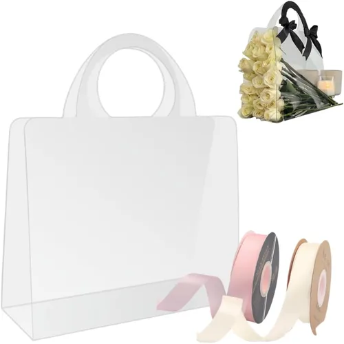 Miniatura 7 de Foxegg 12 bolsas de flores transparentes para ramos, bolsa de regalo floral transparente con asa y cinta, suministros de floristería, embalaje