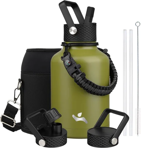 Miniatura 77 de Konokyo - Botella de agua aislada de 18 onzas, botellas deportivas de acero inoxidable con 3 tapas, verde militar