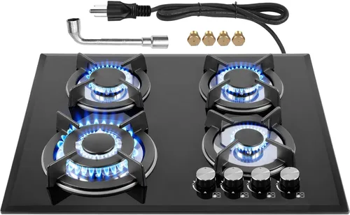 Estufa de gas superior de 4 quemadores de 24 pulgadas, estufa de gas de vidrio incorporada, estufa convertible de gas neutro propano, estufa de