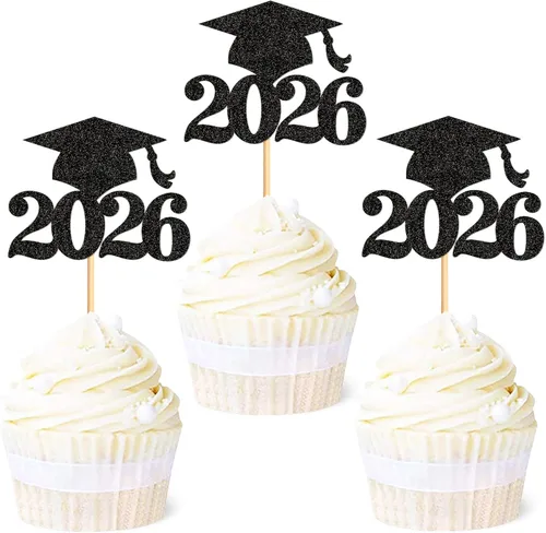Miniatura 18 de Ercadio 36 piezas de tapa de graduación dorada con purpurina 2026 para magdalenas de clase de 2026, para preescolar, escuela secundaria, diploma