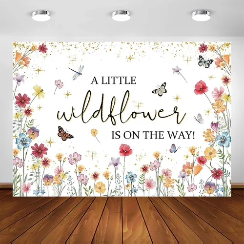 Avezano Decoraciones de flores silvestres para baby shower, con texto en inglés "A Little Wildflower is On The Way", telón de fondo para baby