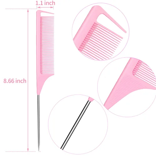 Miniatura 2 de Peines de cola de rata, 3 unidades, peines de separación para trenzar el cabello, fibra de carbono, resistente al calor, antiestático, para Rosado