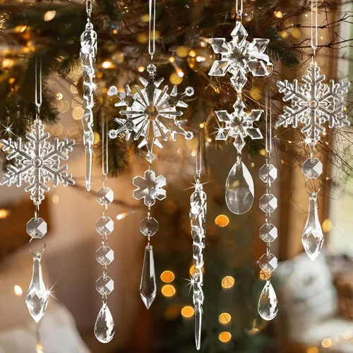 Miniatura 15 de GuassLee 36 piezas Adornos de Cristal para Árbol de Navidad - Copos de Nieve Acrílicos Azules Carámbanos Gota Cristal Adornos Colgantes para Árbol