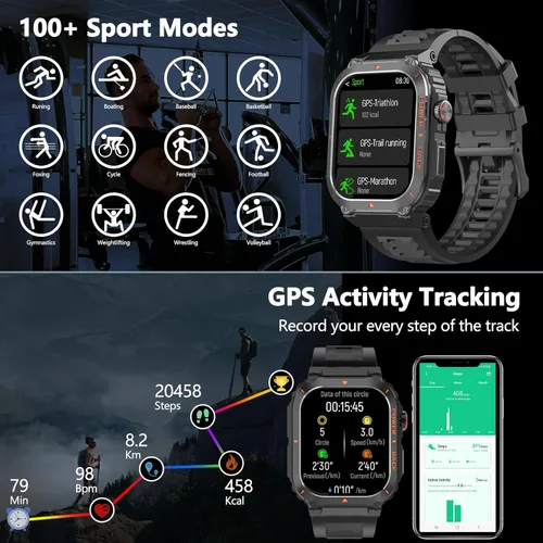 Miniatura 3 de Reloj inteligente para hombre, relojes inteligentes militares con GPS con llamada/texto, monitor de salud (frecuencia cardíaca/spO2/sueño), Negro