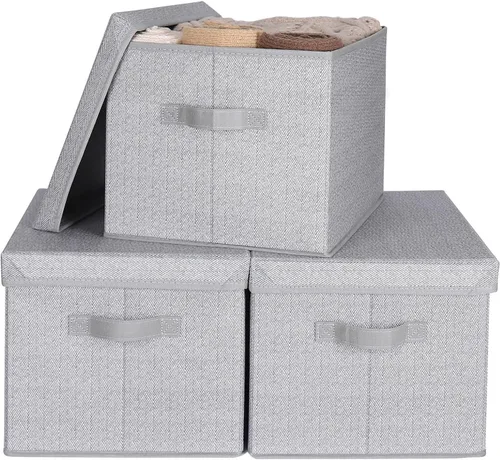 Miniatura 11 de WUIKE - Cajas de almacenamiento plegables con tapas, cajas de almacenamiento con asas, organizador para estante de armario, cestas de almacenamiento