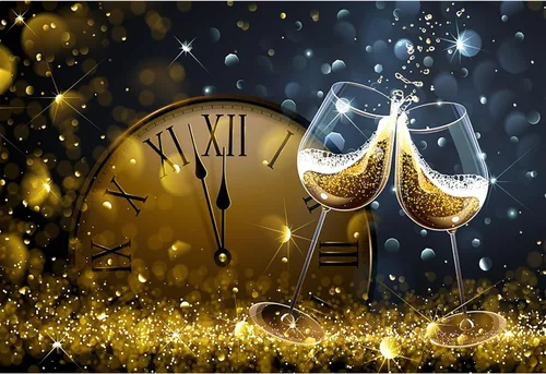 Telón de fondo de 5 x 3 pies para fiesta de feliz año nuevo, copas de vino de champán brillante, Bokeh Halos, telón de fondo de vinilo para