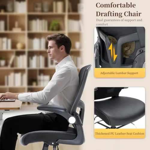 Miniatura 4 de Silla de dibujo, silla de oficina alta con asiento de piel sintética, silla de escritorio ergonómica de pie con soporte lumbar, silla de oficina