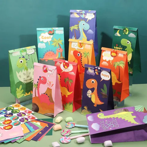 Miniatura 4 de Containlol Paquete de 30 bolsas de regalo para fiesta de dinosaurios, bolsa de dulces de dinosaurio pequeño con calcomanías a juego, suministros