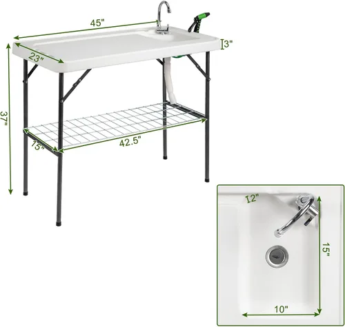 Miniatura 3 de VINGLI Mesa de limpieza plegable para peces y juegos para exteriores con fregadero, portátil y duradera, conexión estándar de jardín, manguera