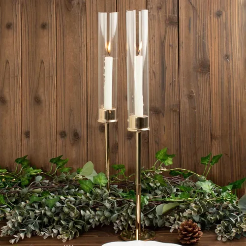 Miniatura 2 de Efavormart - Juego de 2 portavelas de cristal transparente de metal dorado de 16 pulgadas de alto, soportes para velas de huracán