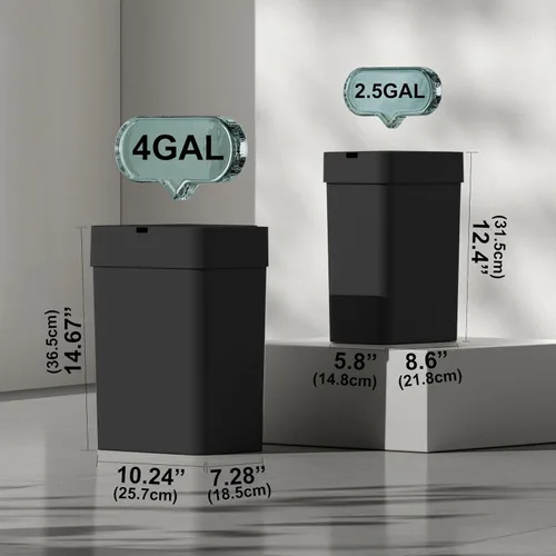 Miniatura 2 de ELPHECO Basurero de baño con tapa, paquete de 2 botes de basura automáticos, 2.5 galones + 4 galones con sensor de movimiento inteligente, Negro