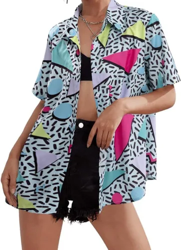 Miniatura 2 de Trajes de los años 80 y 90 para mujer, camisa de discoteca retro para fiesta temática de los años 80, camisa hawaiana de neón con botones y manga
