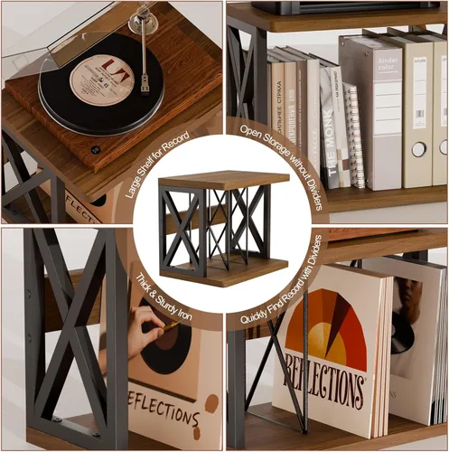 Miniatura 3 de Soporte para discos de vinilo de 80 a 100 libras, soporte de vinilo apilable, soporte para tocadiscos de 2 niveles, soporte giratorio de madera