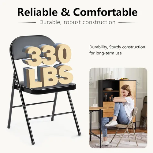 Miniatura 5 de DUMOS Paquete de 2 sillas plegables acolchadas de cuero, asiento comercial apilable portátil para interiores y exteriores con marco de acero, Negro