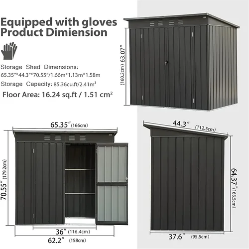 Miniatura 2 de Cobertizo pequeño de almacenamiento de metal de 5 x 3 pies para exteriores, cobertizo de jardín gris oscuro con techo inclinado y puertas dobles
