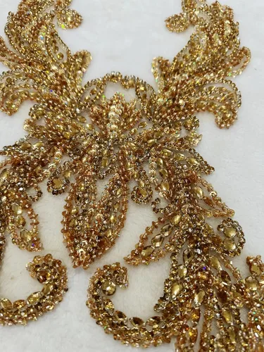 Miniatura 3 de Accesorios de apliques de encaje hechos a mano con diamantes de imitación puros para coser a mano, parches para vestido de novia de niña (champán)
