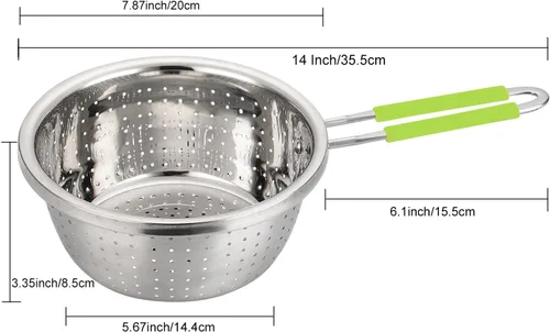 Miniatura 2 de Colador Profundo de Acero Inoxidable Microperforado de 2.5 Quart, Colador de Alimentos de Metal con Asas de Silicona Verde para Drenar Pasta