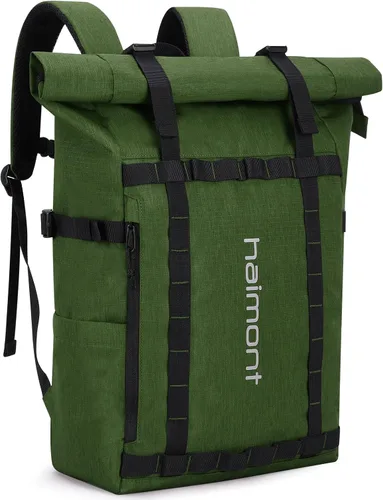 Mochila con parte superior enrollable Haimont para hombres, mochila casual para portátil con 9 bolsillos para viajes, trabajo, caminatas, Verde