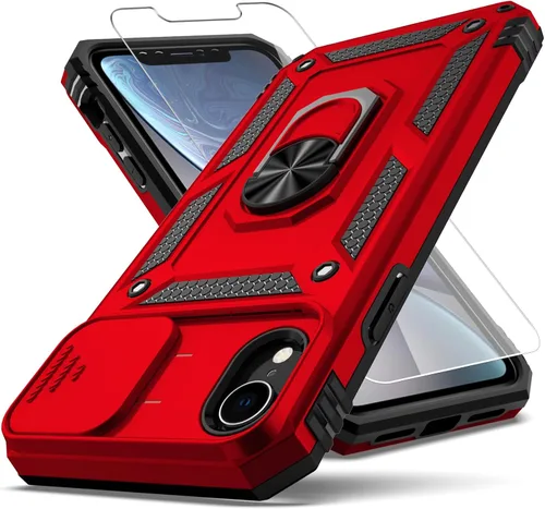 Miniatura 7 de Funda para iPhone XR, cubierta de lente de cámara deslizante integrada+soporte de anillo de dedo+protector de pantalla, funda protectora de cuerpo