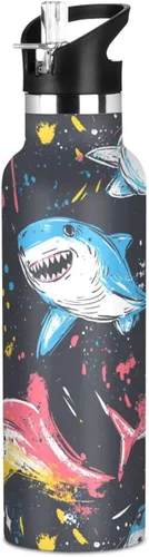 Reusable Water Bottles with Straw Lid Nature Shark Pirate Style Vacuum Insulated Leakproof and BPA Free for Travel, Camping, Sports 06