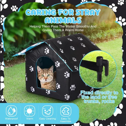 Miniatura 5 de Casa impermeable para gatos al aire libre, casas para mascotas callejeras, refugio para gatos y perros, refugio plegable para mascotas con manta