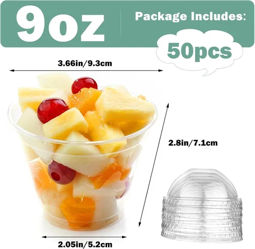 Miniatura 2 de 50 vasos de plástico transparente de 9 onzas con tapas de cúpula, tazas de postre, tazas de frutas con tapas, tazas transparentes de fiesta