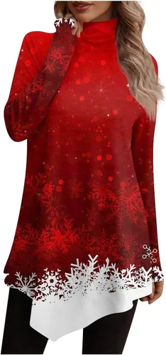 Miniatura 2 de Christmas Shirts for Women, Women's Fall Christmas Print Tops High Neck 2023 Top Irregular Hem Cute Long Sleeve Pullover