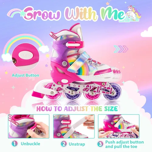 Miniatura 3 de SULIFEEL Patines en línea de unicornio arcoíris para niñas y niños, 4 tamaños, ajustables, con ruedas iluminadas, para niños principiantes C rosado