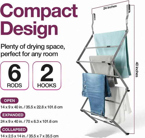 Miniatura 2 de BLACK+DECKER Estante de secado telescópico extensible sobre la puerta, organizador de ropa, colgador de toallas, lavandería, plegable, gris
