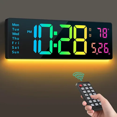 Reloj de pared digital de 16 pulgadas, relojes de pared con 11 colores RGB, reloj despertador con luces nocturnas, reloj digital grande para sala de