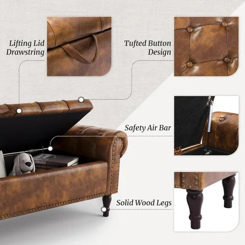 Miniatura 23 de Cozyman Banco otomano de almacenamiento, 61 pulgadas de largo, de lino, con brazo enrollado, banco de ventana con botón copetudo y ribete de cabeza