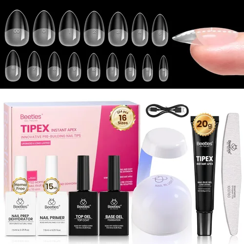 Miniatura 34 de Beetles Tipex - Uñas postizas con ápice instantáneo, 192 uñas, preconstruidas y pregrabadas, largas, cuadradas, fuertes y gruesas, uñas postizas a