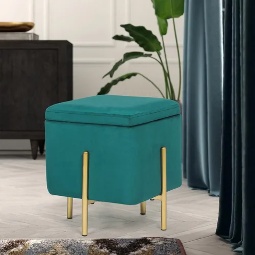 Miniatura 5 de Otomana cuadrada de almacenamiento de terciopelo, taburete de tocador multifunción, reposapiés, patas de metal de alto soporte, color verde pavo real