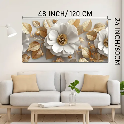 Miniatura 5 de Tarfupth Lienzo floral para pared de sala de estar, flores doradas y blancas, obra de arte botánica grande para dormitorio, oficina, decoración