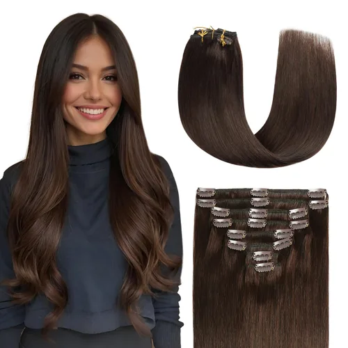 Miniatura 18 de Sunya Extensiones de cabello humano real con clip, color negro azabache, doble trama, lacio, 12 pulgadas, #1, 8 unidades, 3.53 oz