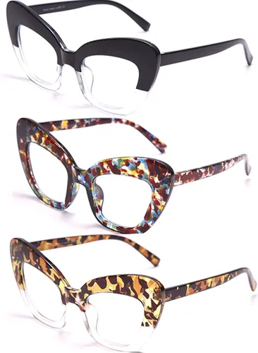 Paquete de 3 lentes de lectura estilo Oprah, con bloqueo de luz azul para computadora con ojo de gato para mujer (gradiente negro/flor/leopardo,